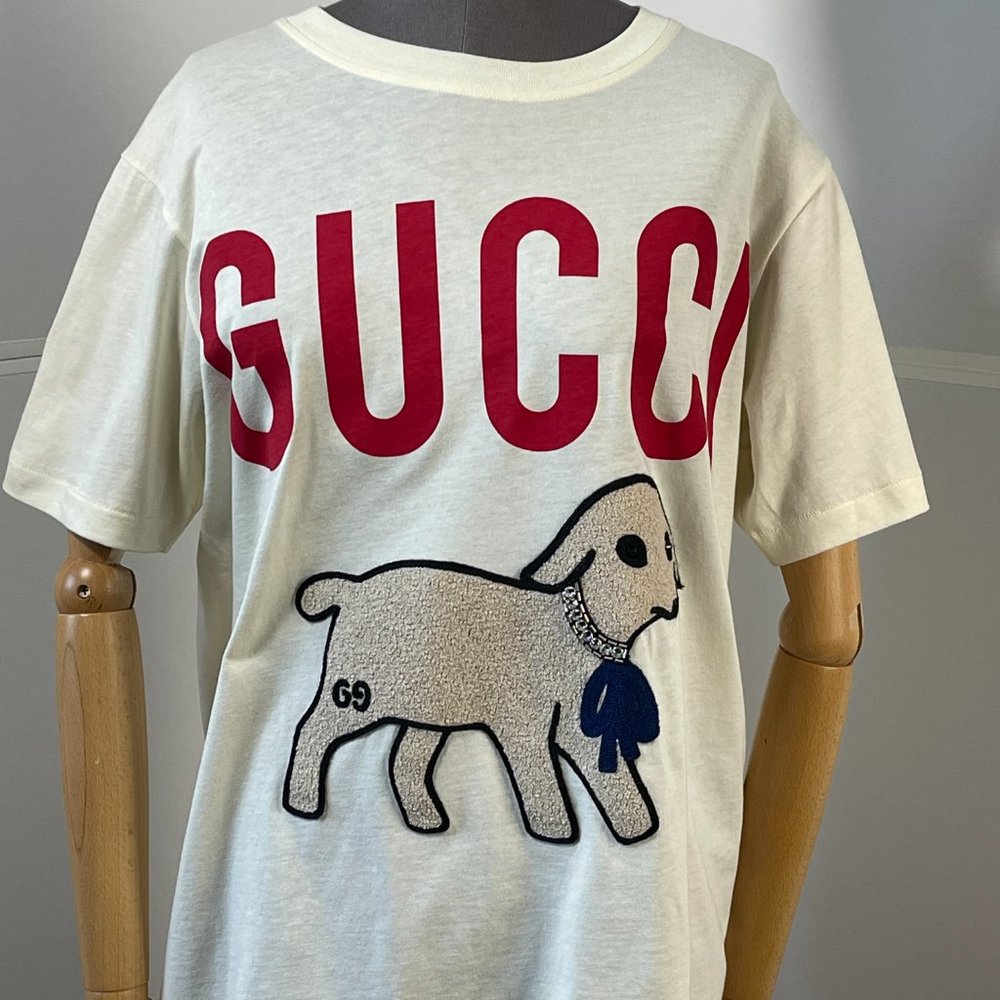 💛SOLD🖤 Gucci Lamb Print Embroidered T-shirt in Off-White - Picture 2 of 6